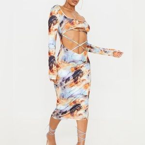 Abstract Print Slinky Cut Out Strappy Detail Midi Dress